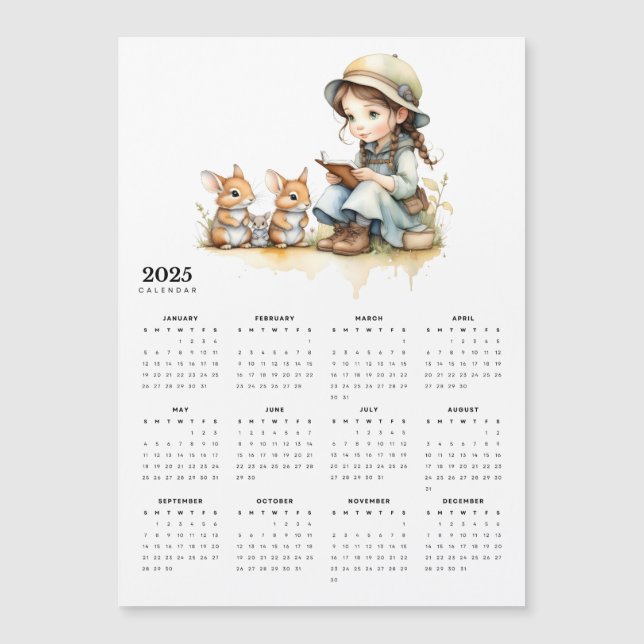 Young Girl Reads Book Rabbits 2025 Magnet Kalender (Vorderseite)