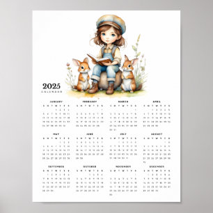 Young Girl Reads Book to Rabbits 2025 Calendar Poster
