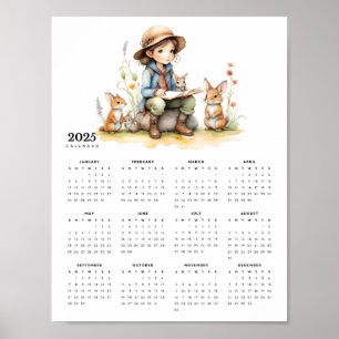 Young Girl Reads to a Rabbit Family 2025 Calendar Poster