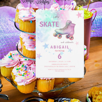 Young Girl Roller Skaten Colorful Birthday Party Einladung