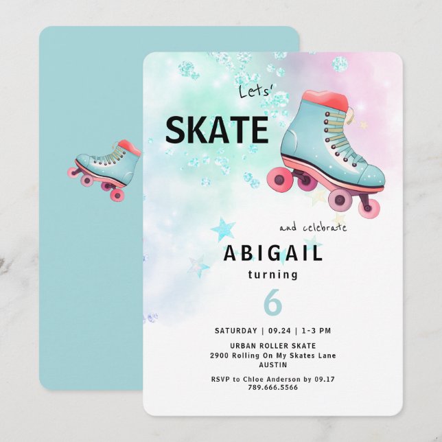 Young Girl Roller Skaten Turquoise Geburtstagspart Einladung (Vorne/Hinten)