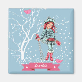 Young Girl Skier | Individuelle Name Weihnachtsges Magnet
