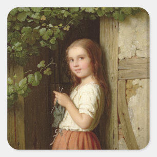 Young Girl Stehend in a Doorway Knitting, 1863 Quadratischer Aufkleber