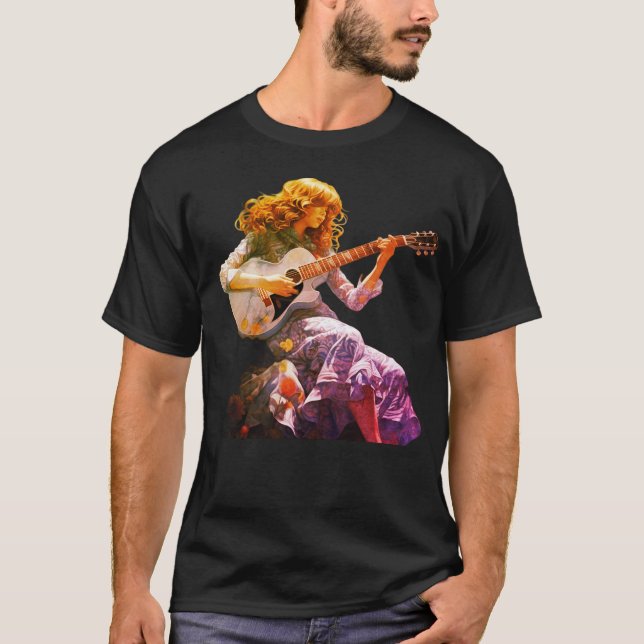 Young Girl Strumming a Guitar on a Black T-Shirt (Vorderseite)
