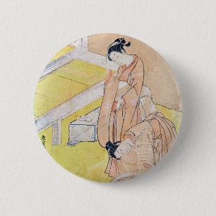 Young Girl Throws Goldfish in Pond-Buttons Button