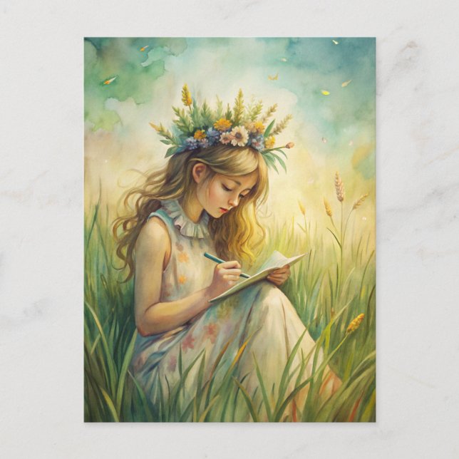Young Girl Wildflowers Nature Inspired  Postkarte (Vorderseite)