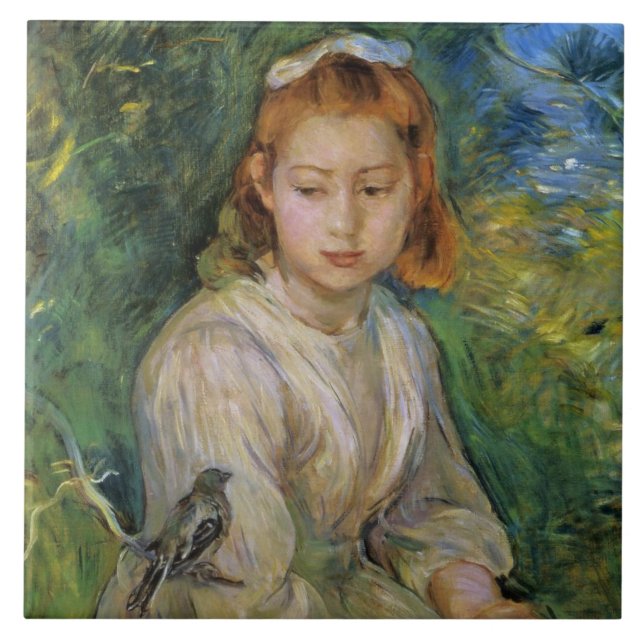 Young Girl With a Bird (von Berthe Morisot) Fliese (Vorderseite)