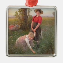 Young Girls Picking Blume Ornament Aus Metall