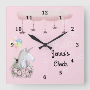 Young Girls Wall Clock mit Unicorn Quadratische Wanduhr