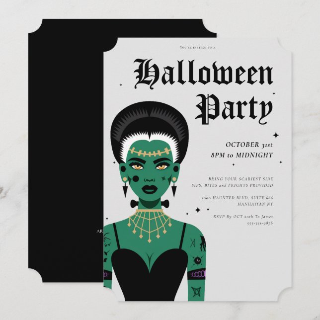 Young Goth Bride von Frankenstein Halloween-Party Einladung (Vorne/Hinten)