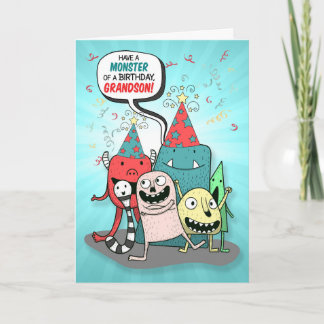 Young Grandson Birthday Monsters Cartoons Style Karte