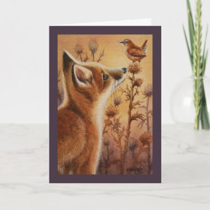 Young Red Fox & Carolina Wren Bird Wasserfarbe Kun Karte