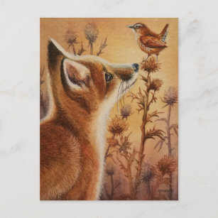 Young Red Fox & Carolina Wren Bird Wasserfarbe Kun Postkarte