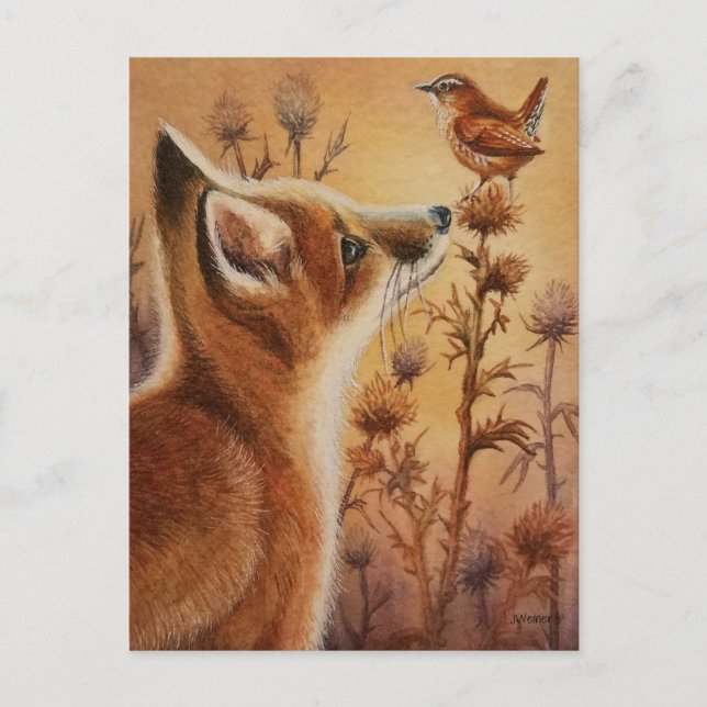 Young Red Fox & Carolina Wren Bird Wasserfarbe Kun Postkarte (Vorderseite)