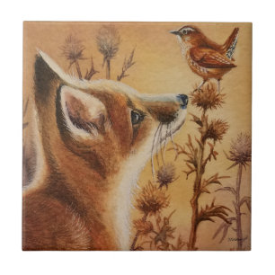Young Red Fox Carolina Wren Bird Wasserfarbe Kunst Fliese