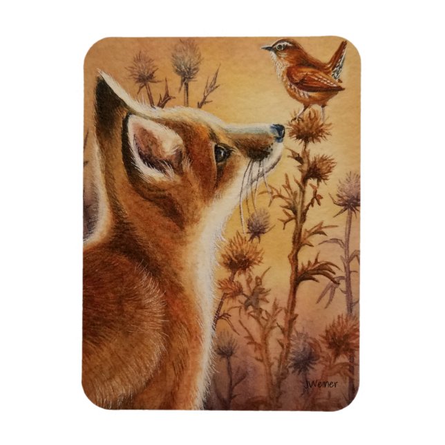 Young Red Fox Carolina Wren Bird Wasserfarbe Kunst Magnet (Vertikal)