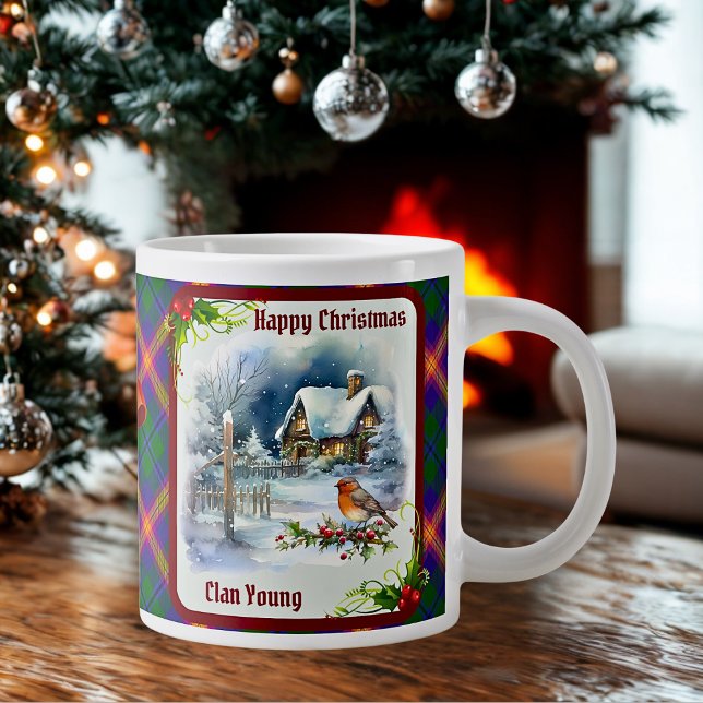 Young Tartan & Robin Christmas Personalized Jumbo-Tasse (Von Creator hochgeladen)