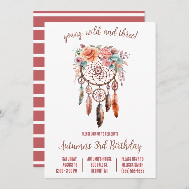 Young, Wild, & 3! Boho Dreamcatcher Birthday Party Einladung (Vorne/Hinten)