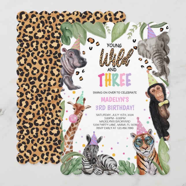 Young Wild and DREE Safari 3. Geburtstag Einladung (Vorne/Hinten)