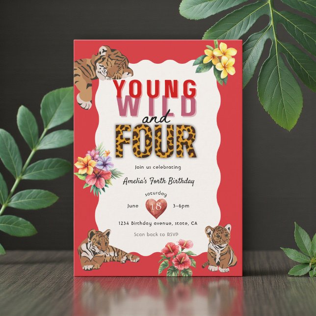 Young Wild and Four Tiger Floral Birthday Einladung (Von Creator hochgeladen)