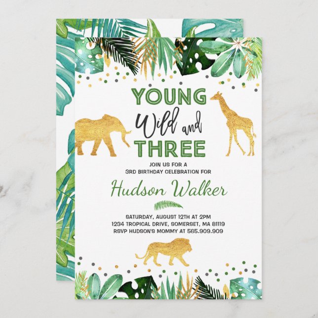Young Wild and Three Birthday Einladungs Dschungel Einladung (Vorne/Hinten)