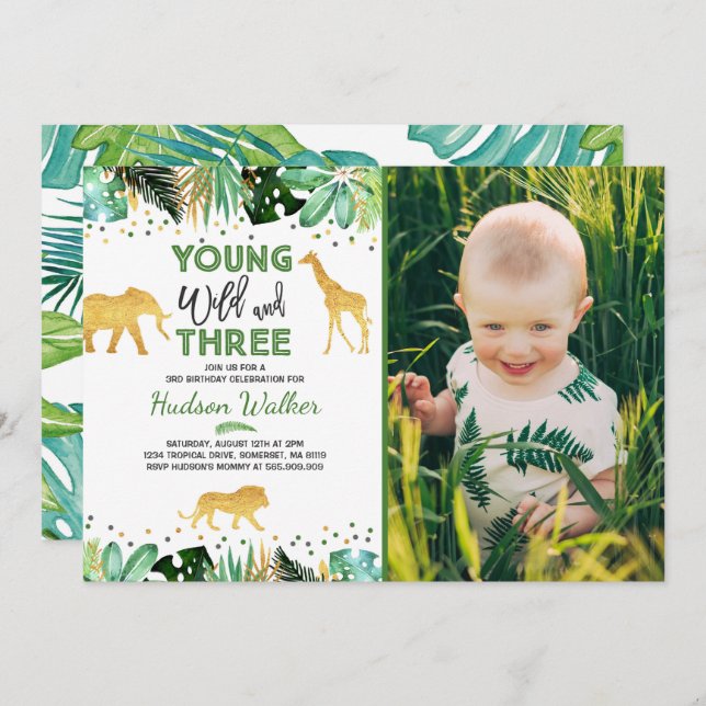 Young Wild and Three Birthday Einladungs Dschungel Einladung (Vorne/Hinten)
