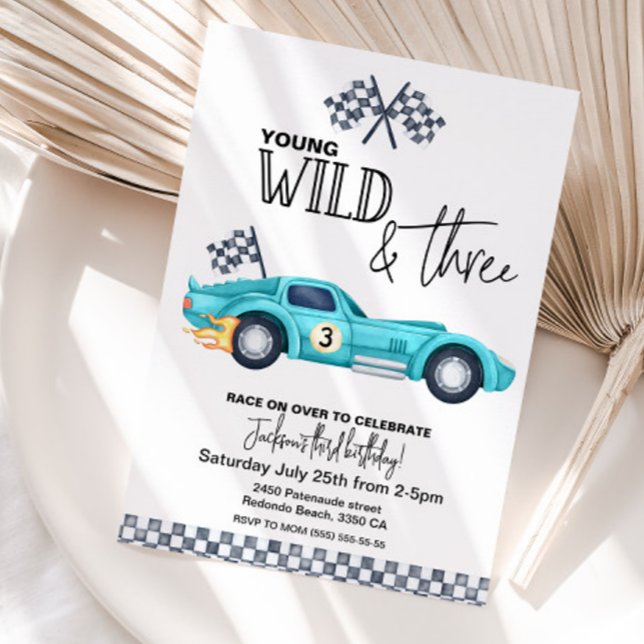YOUNG Wild and THREE  Birthday invitation Einladung (Young wild and three race car birthday invitation)