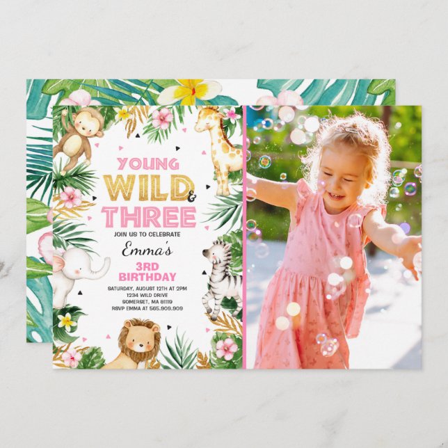 Young Wild and Three Birthday laden Safari Party e Einladung (Vorne/Hinten)