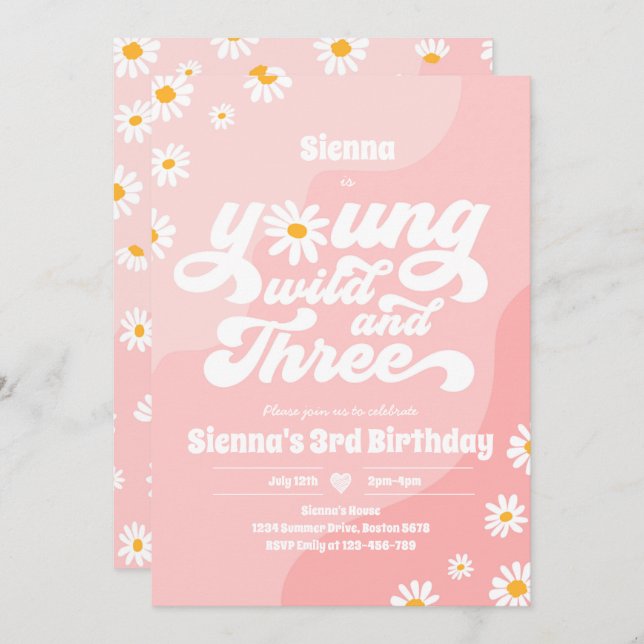 Young Wild and Three Birthday Party Boho Daisy Einladung (Vorne/Hinten)