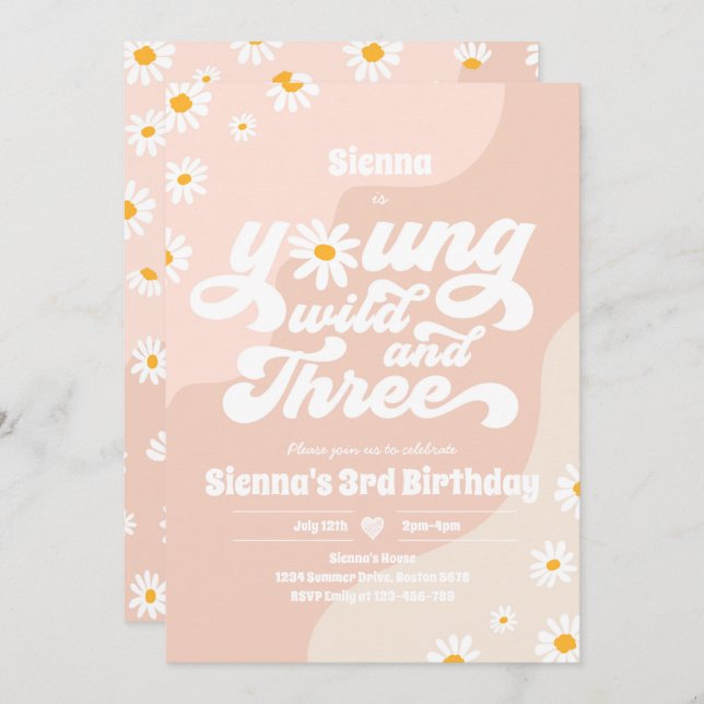 Young Wild and Three Birthday Party Boho Daisy Einladung (Vorne/Hinten)
