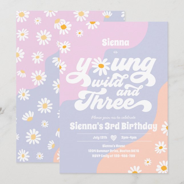 Young Wild and Three Birthday Party Boho Daisy Einladung (Vorne/Hinten)