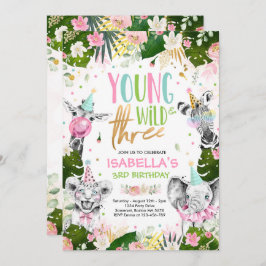 Young Wild and Three Birthday Safari Animals Party Einladung