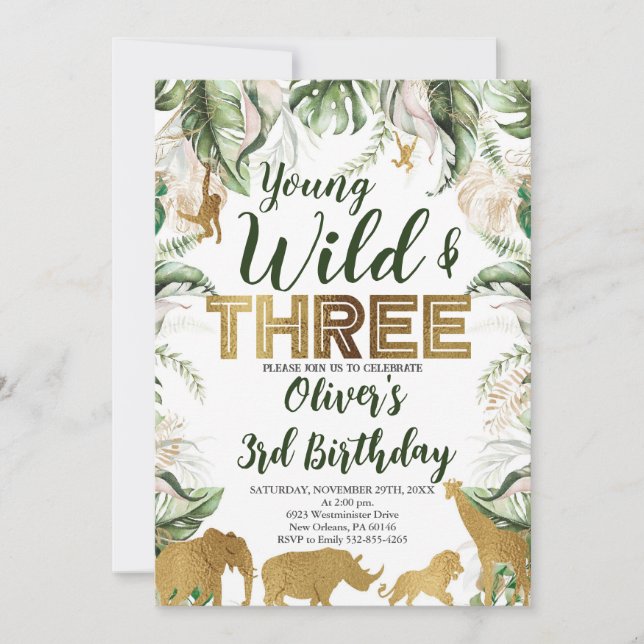 Young Wild and Three Birthday, Safari, Jungle Einladung (Vorderseite)
