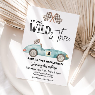 Young Wild and THREE Blue Race car 3rd birthday Einladung