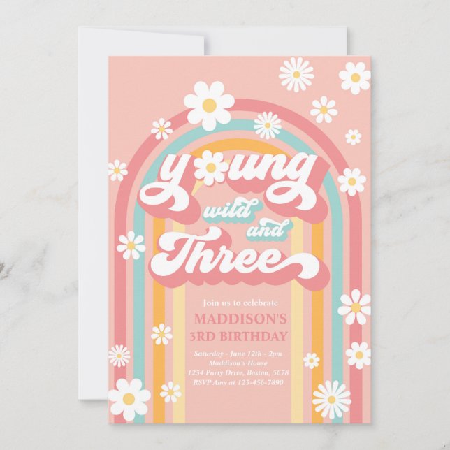 Young Wild and Three Boho Daisy Rainbow Birthday Einladung (Vorderseite)