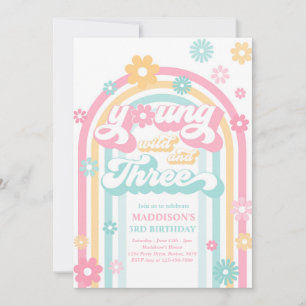 Young Wild and Three Boho Daisy Rainbow Birthday Einladung