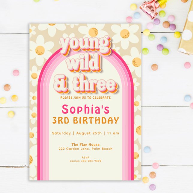 Young Wild and Three Boho Daisy Rainbow Birthday I Einladung (Von Creator hochgeladen)