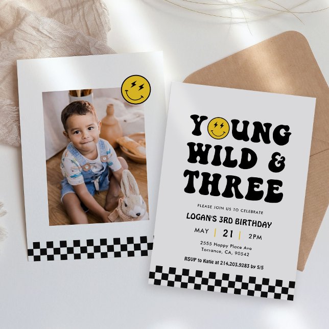 Young Wild and Three Boy 3rd Birthday Photo Einladung (Von Creator hochgeladen)