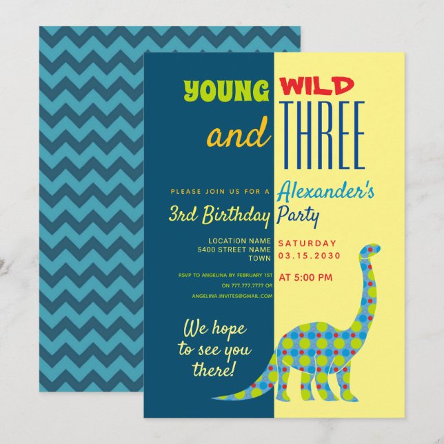 Young Wild and Three Dinosaur 3. Geburtstag Einladung (Vorne/Hinten)