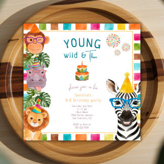 Young Wild And Three Fun Animals 3rd Birthday Einladung
