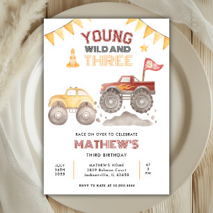 Young Wild And Three Monster Truck 3. Geburtstag Einladung