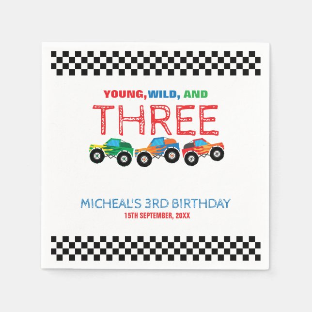 Young Wild and Three Monster Truck Boy Birthday Serviette (Vorderseite)