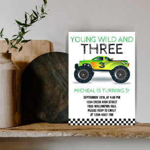 Young Wild and Three Monster Truck Dritter Geburts Einladung