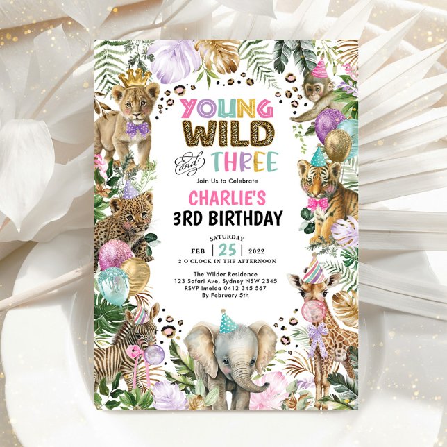 Young Wild and Three Party Animals Girl zum Geburt Einladung (Von Creator hochgeladen)