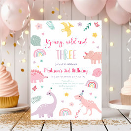 Young Wild and Three Pink Dinosaur Birthday Einladung