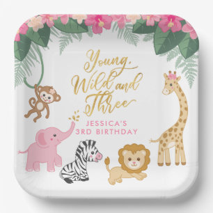 Young Wild and Three - Pink Safari Girl's 3. Pappteller