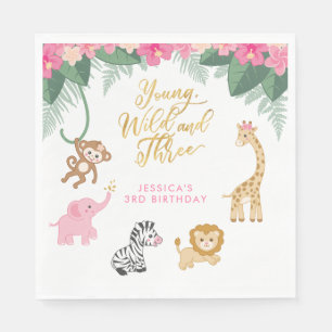 Young Wild and Three - Pink Safari Girl's 3. Serviette