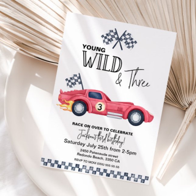 YOUNG Wild and Three Red Race Car Birthday  Einladung (Race car Red Young Wild and three birthday invitation)