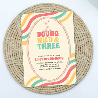 Young Wild and Three Retro Groovy 3. Geburtstag Einladung