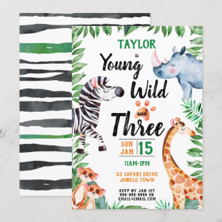Young Wild and Three Safari Animal 3. Geburtstag Einladung